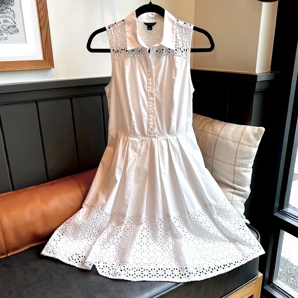 ANN TAYLOR White Eyelet Shirt Dress A-Line Cotton Lace Sleeveless Size 4 Summer - Picture 3 of 17